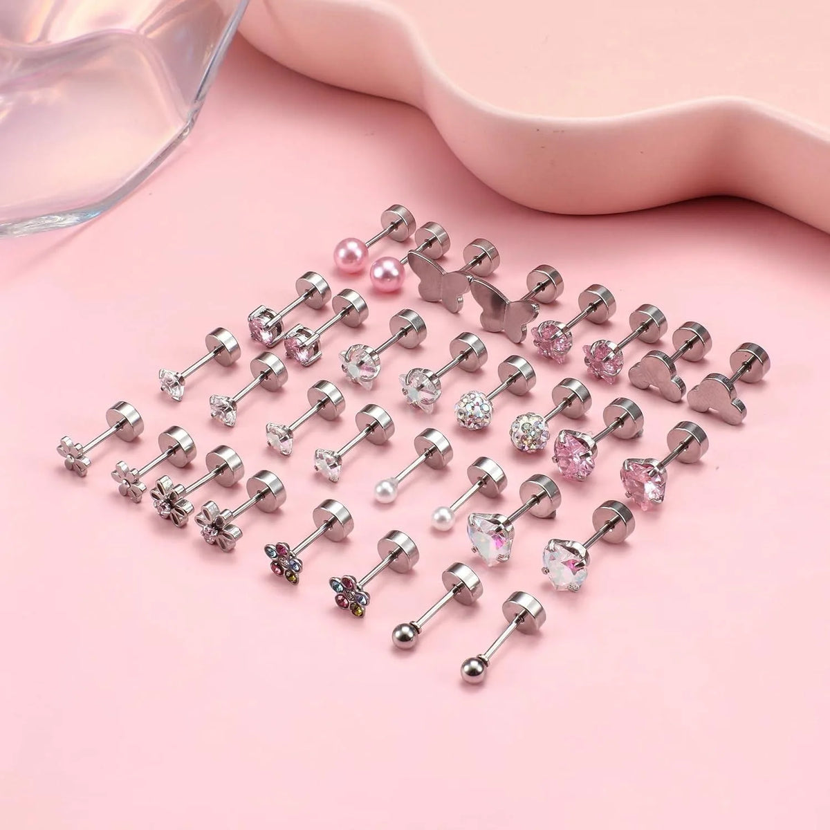 16Pairs 316L Stainless Steel Earrings for Women Hypoallergenic Screw Back CZ Pearl Heart Flower Ctue Stud Earrings Jewelry Gift