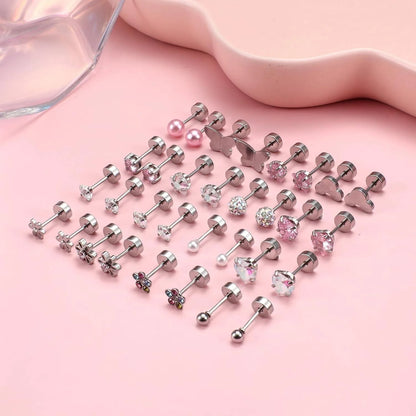 16Pairs 316L Stainless Steel Earrings for Women Hypoallergenic Screw Back CZ Pearl Heart Flower Ctue Stud Earrings Jewelry Gift
