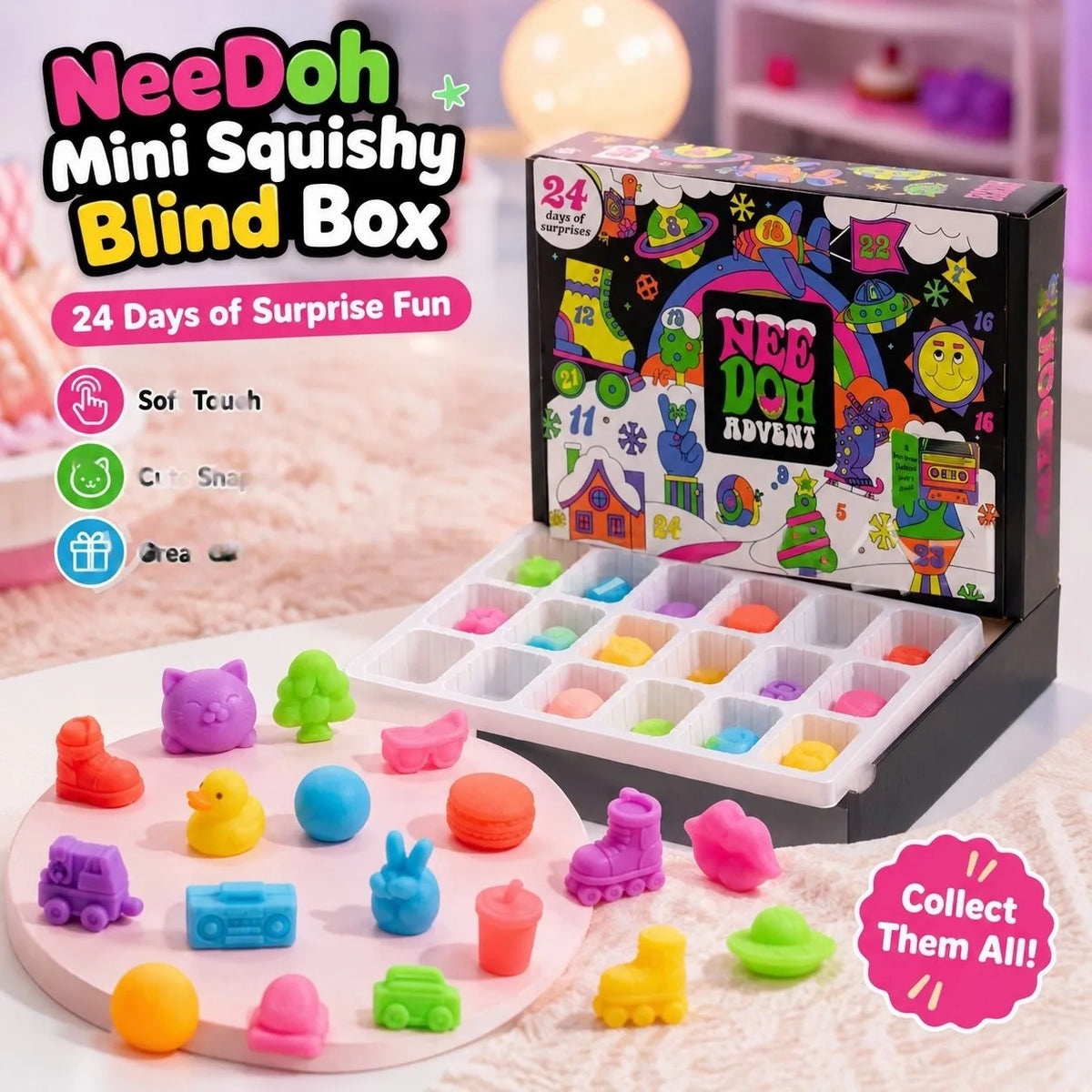 Needoh Brand Advent Calendar 24 Day Countdown New Year Family Friends Blind Box Party Squishy Squeeze Holiday Toy Stress Relif