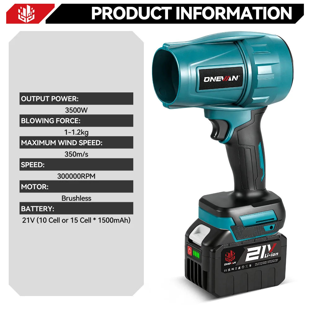 ONEVAN 3500W 350M/S Brushless Electric Turbo Fan Cordless Leaf Air Blowers Snow Dust Blowing Power Tool For Makita Battery Pin