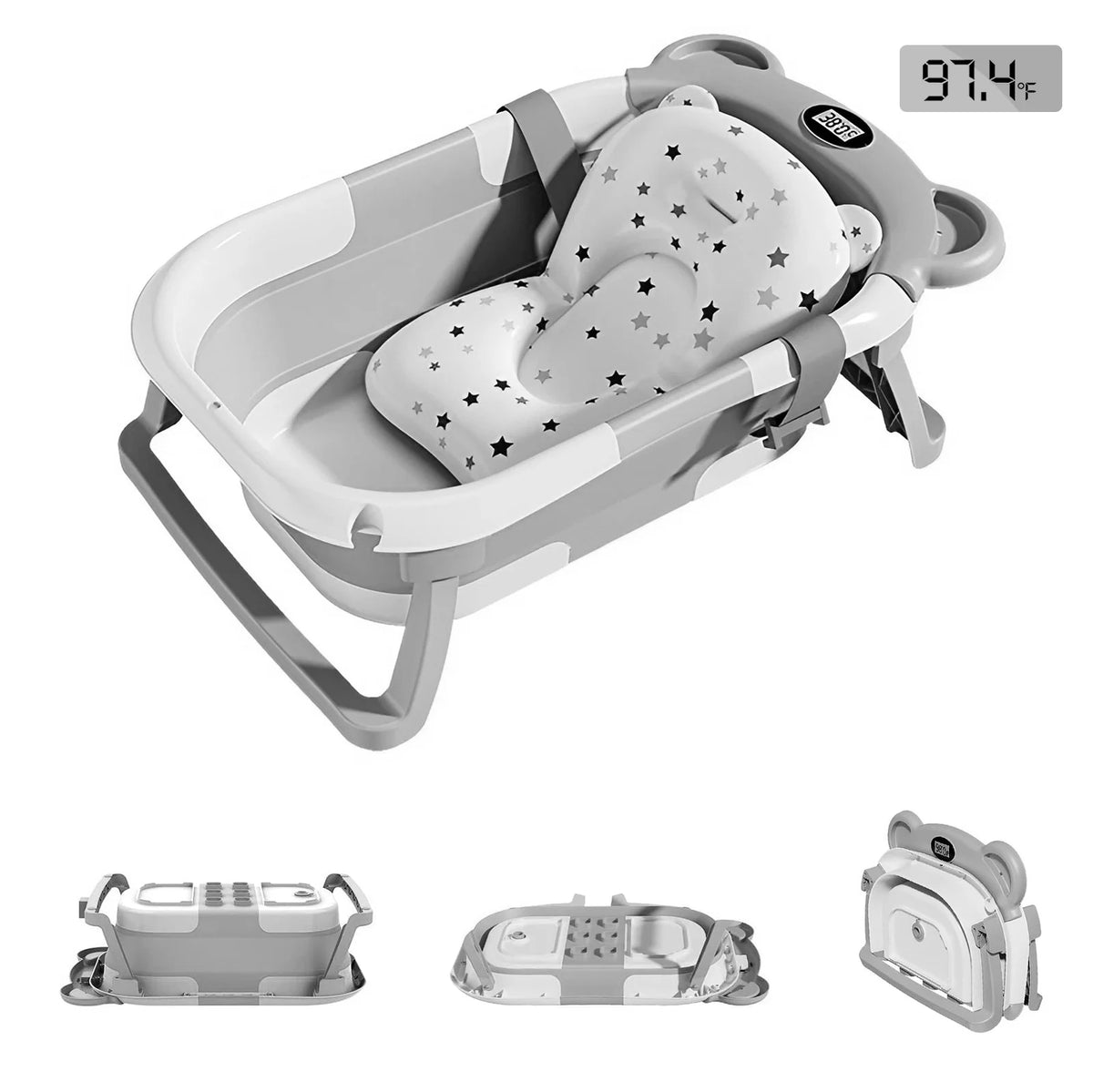 Portable Travel Bathtub, Collapsible Baby Bathtub, with Thermometer &1Soft Floating Cushion, with Drain Hole,For Baby 0-36 Month
