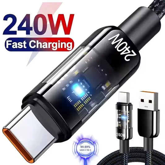 240W Nylon USB Type C Super Fast Charging Cable For Samsung Xiaomi Huawei Honor LED Digital Display USB C Charger Data Cord