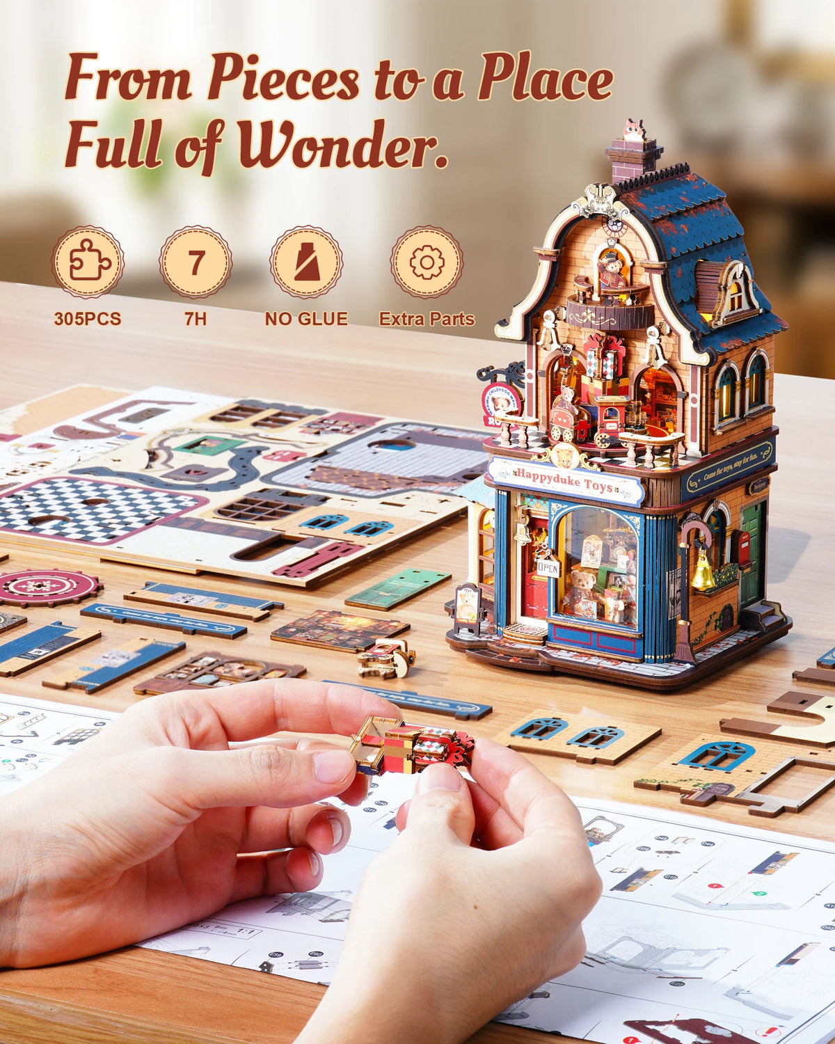 ROKR Wooden 3D Puzzle Happyduke Toys Music Box Model Building Kit with LED Light for Home Decor Mini Dollhouse DIY Toys Holiday Gift for Adults Teens