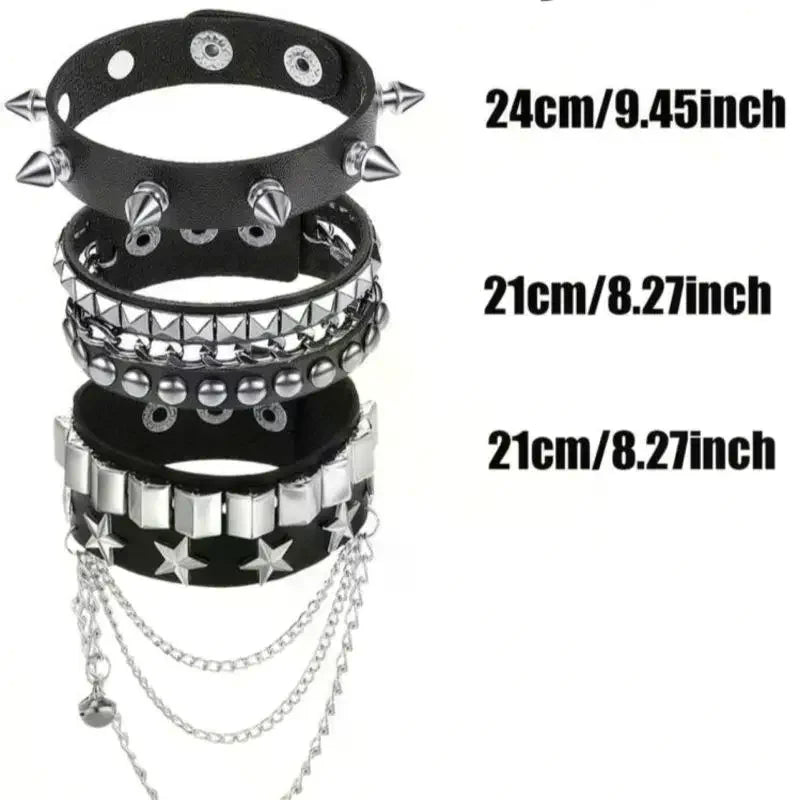Emo Y2K Indie Grunge Studs Spiked Bracelet Goth Jewelry Accessories for Cool Rocker Skater Biker, 4 Pieces Men Punk Black PU Leather Cuff Bracelets Set