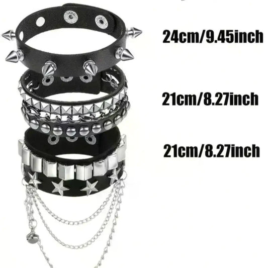 Emo Y2K Indie Grunge Studs Spiked Bracelet Goth Jewelry Accessories for Cool Rocker Skater Biker, 4 Pieces Men Punk Black PU Leather Cuff Bracelets Set