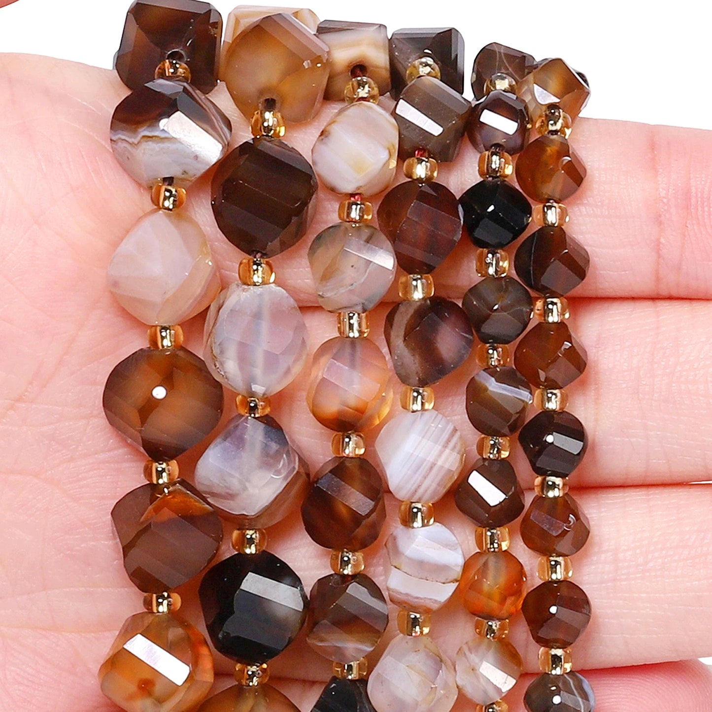 Natural Coffee Stripe Agate Stone Beads 6-10mm Faceted Twist Shape Beads Loose Spacer Beads for Jewelry Making Diy Accessories