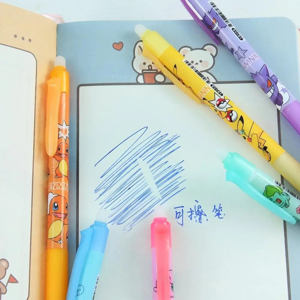 Random 6/12/24pcs Pokemon 0.5mm Blue Ink Erasable Neutral Pens Cute Student School Supplies Cartoon Stationery Rubbable Pen