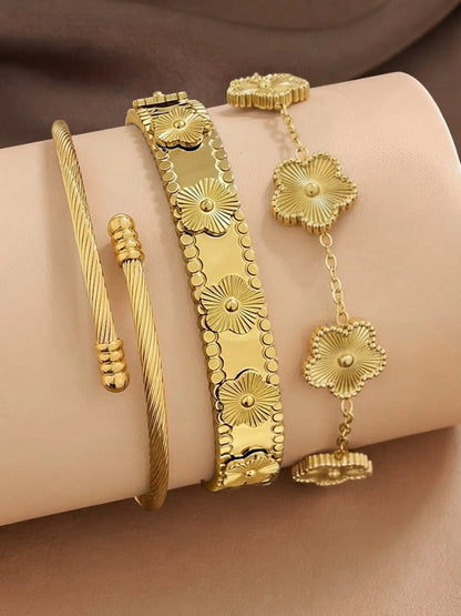 3pcs 18K Gold Plated 304 Stainless Steel Women's Clover Bracelet & Bangle Set, Minimalist Clover Jewelry Set, Layered Jewelry Set For Women, Suitable For Daily/Summer/Beach/Back To School/Wearing