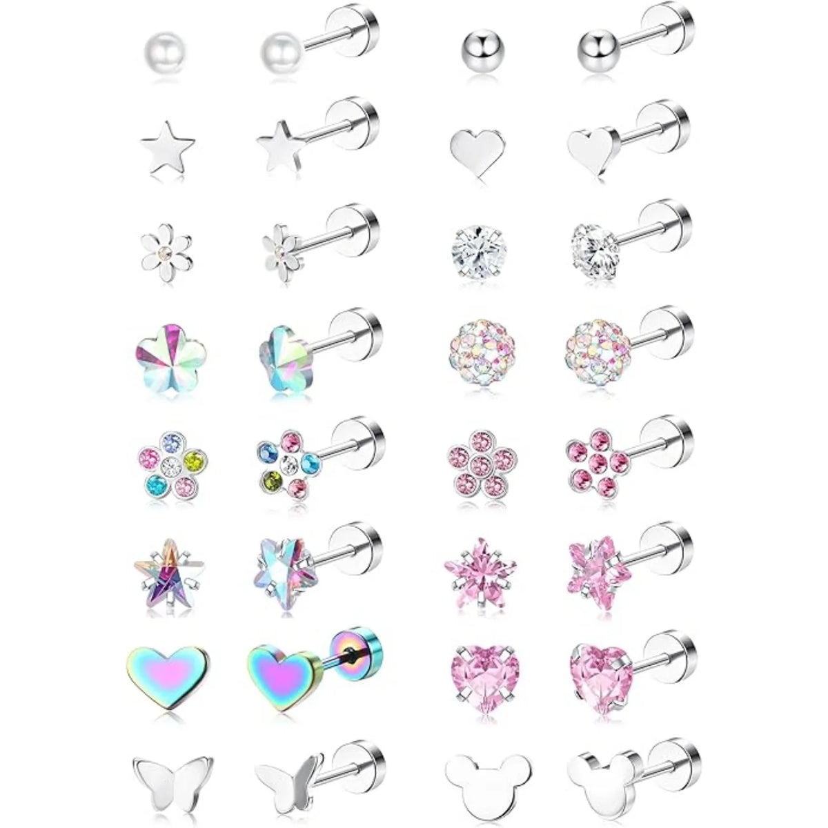 16Pairs 316L Stainless Steel Earrings for Women Hypoallergenic Screw Back CZ Pearl Heart Flower Ctue Stud Earrings Jewelry Gift