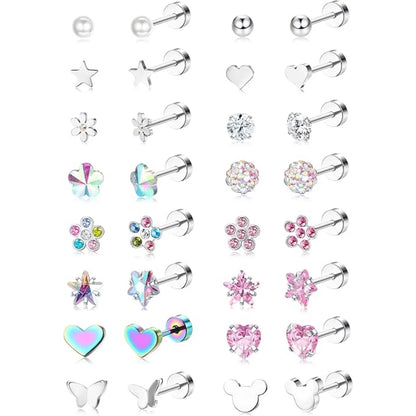 16Pairs 316L Stainless Steel Earrings for Women Hypoallergenic Screw Back CZ Pearl Heart Flower Ctue Stud Earrings Jewelry Gift