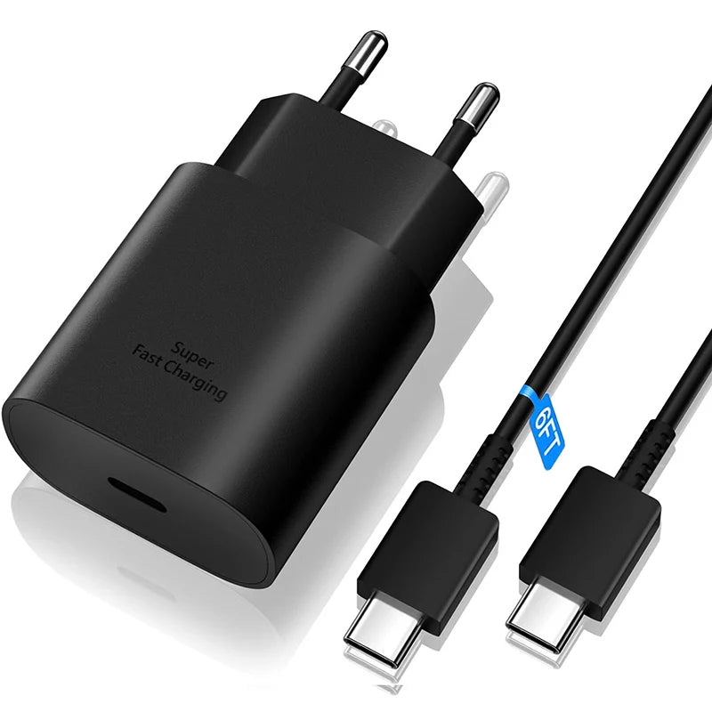 USB C 25W Fast Wall Charger with USB C to Type C Fast Charging Cable For Samsu Galax S25 24 S23 S22 S21 S20 Note 10 IPhone 15 16