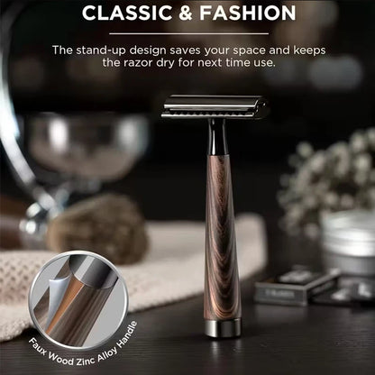 Advanced Double Edge Safety Razor Faux Wooden Handle Heavy Duty High Quality Men's Shaving Tools Including Gift Box With 5 Blade