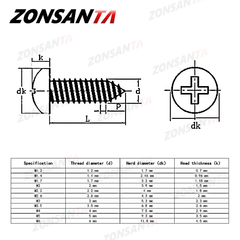 ZONSANTA M1.4 M1.7 M2 M2.2 M2.6 M3 M3.5 M4 M5 M6 Small 304 Stainless Steel Cross Phillips Pan Round Head Self Tapping Screw