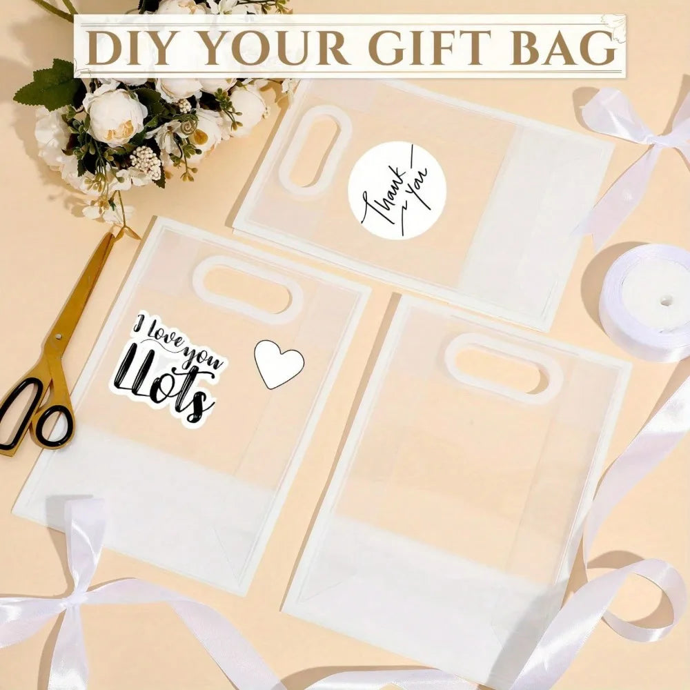 10 Pcs Gift Bags, 1 Roll of Ribbon, Reusable PP Holiday Bag with Ribbon, Suitable for Valentine's Day, Weddings, and Birthdays