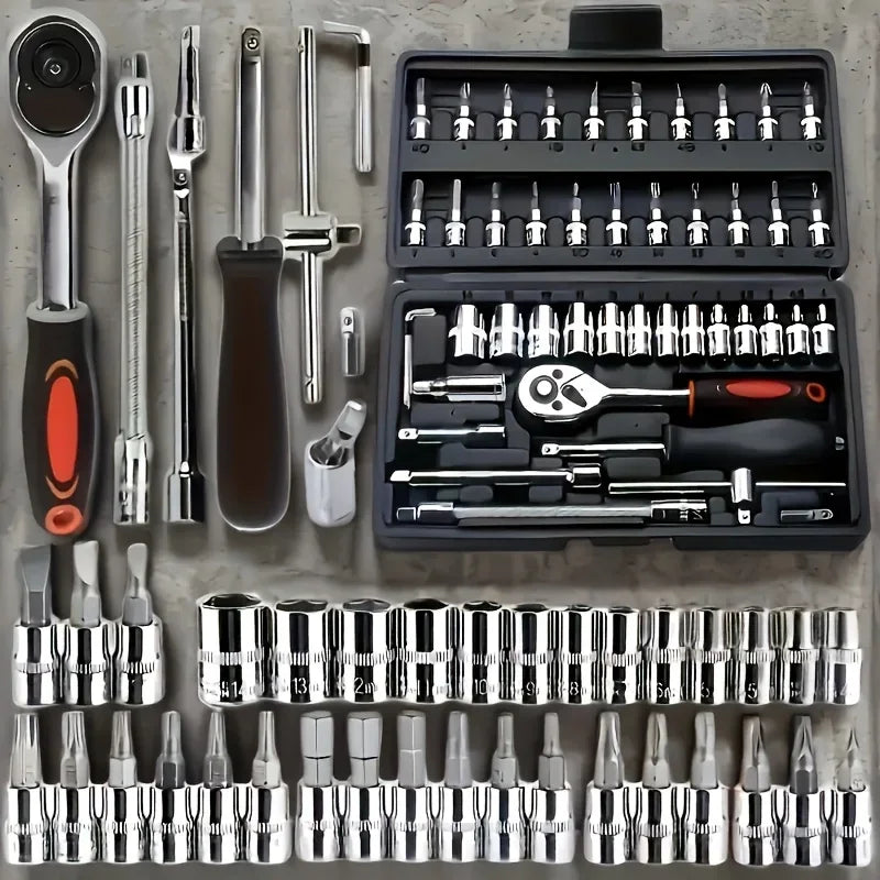 46Pcs CR-V Steel Socket Wrench Set, Durable Ratchet Tool Kit with Storage Bag & Extension Bar for Car and Home Repair
