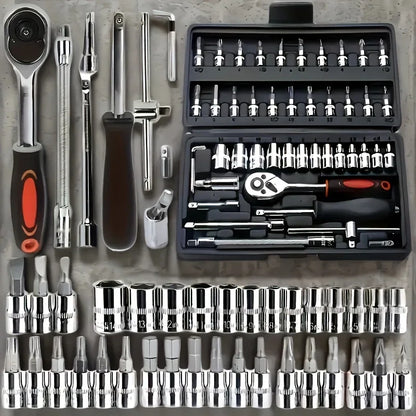 46Pcs CR-V Steel Socket Wrench Set, Durable Ratchet Tool Kit with Storage Bag & Extension Bar for Car and Home Repair