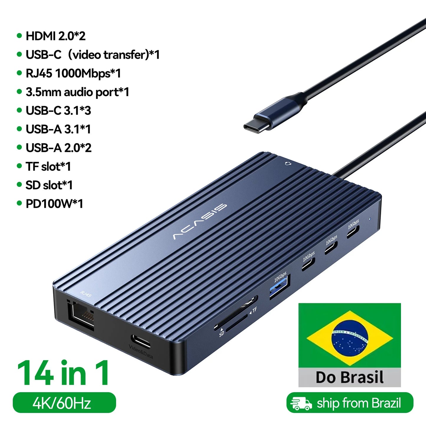 Acasis 14 in 1 USB-C Docking Station Triple Display 4K60Hz HDMI DP PD100W 10Gbps Hub for MacBook Laptop Workstation Setup