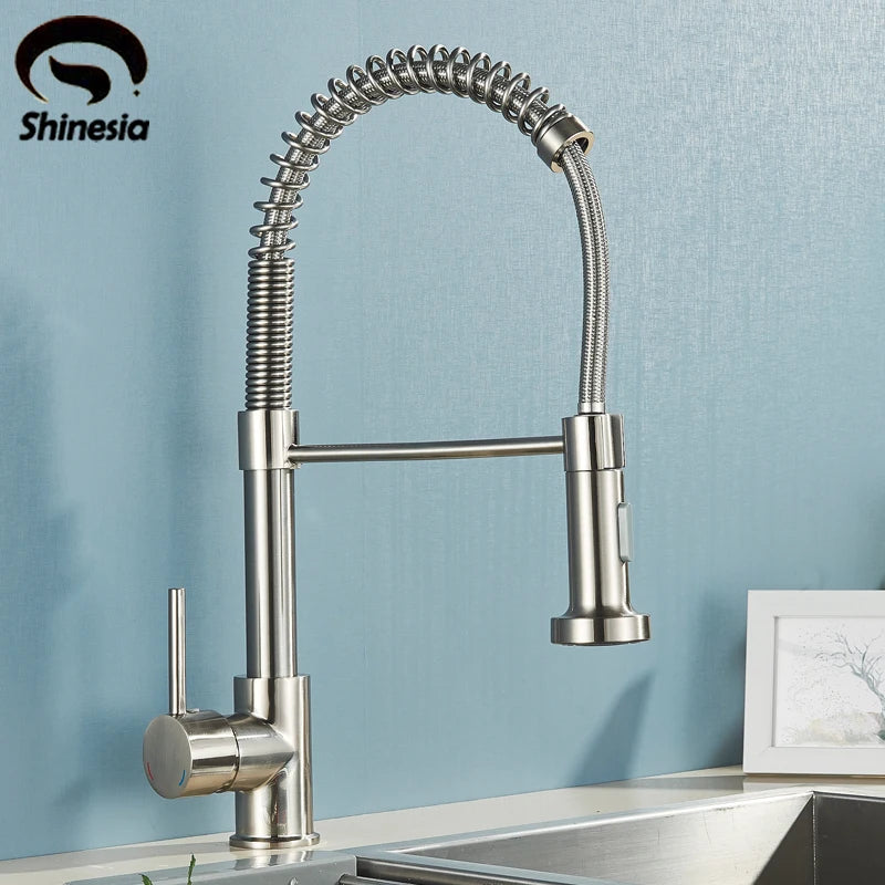 Shinesia Brushed Nickel Kitchen Faucet Deck Mounted Mixer Tap 360 Rotation Stream Sprayer Nozzle Kitchen Sink Hot Cold Taps