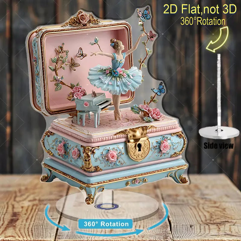 Ballerina Music Box Acrylic Stand 2D Flat 360° Rotation Vintage Ballet Dancer Figure Desk Deco Home Ornament Girls Birthday Gift