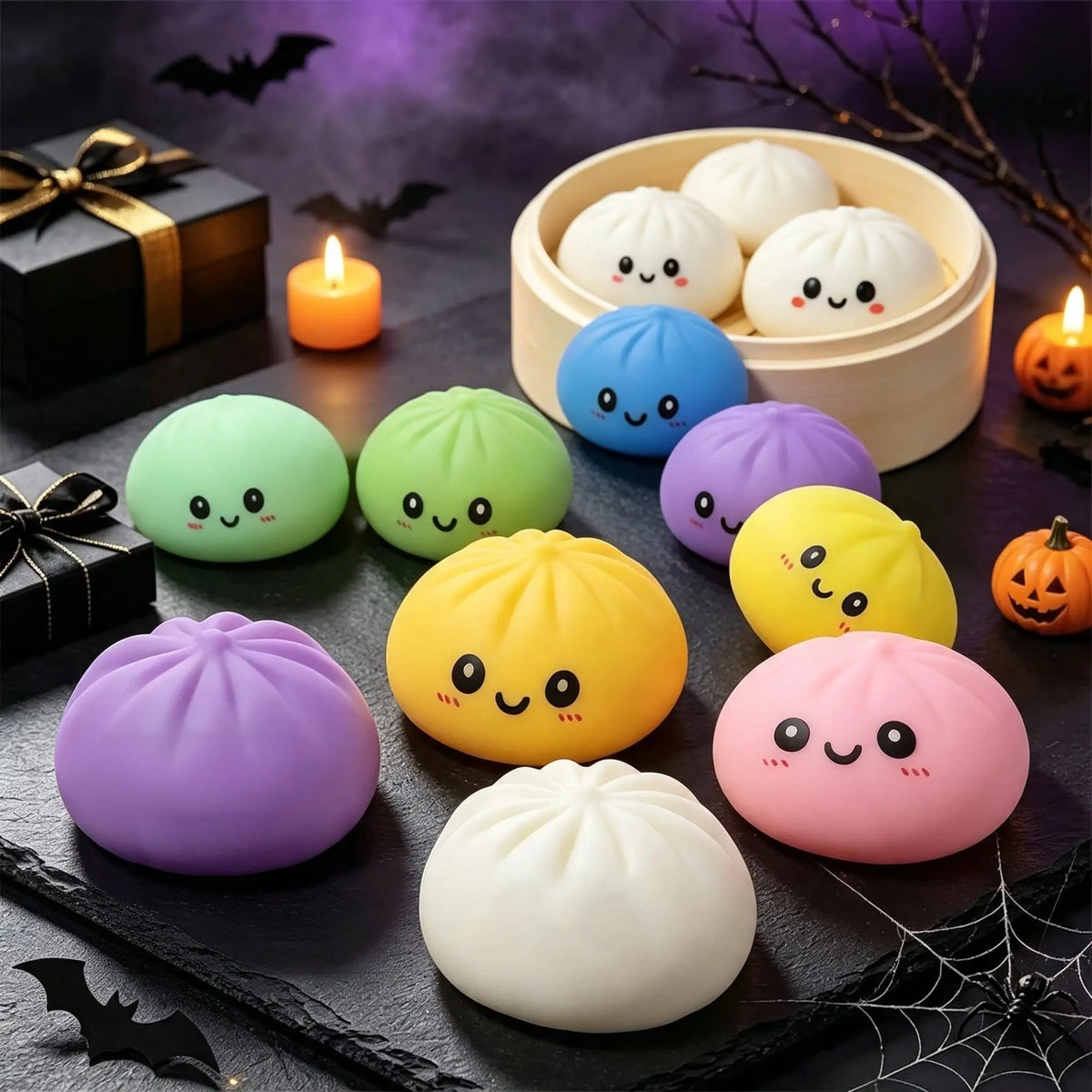 Halloween Bun Set of 18 (6 Buns+6 Steamers+6 Steamer Lids), a portable tabletop travel decompression toy, cute collectibles and trick or treat bag fillers, a great choice for party gifts