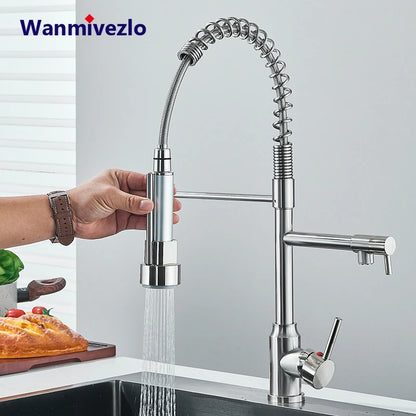 Nickel Kitchen Sink Faucet Pull Down Hot and Cold Water Mixer2 Mode Tap with Dual Spout 360 Rotation Flexible Deck Mounted