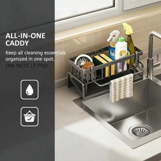 Steel Draining Rack For Sponges/Utensils/Soap, Sloped To Avoid Pooling, With Towel Bar To Prevent Mold. Ideal For Kitchen.