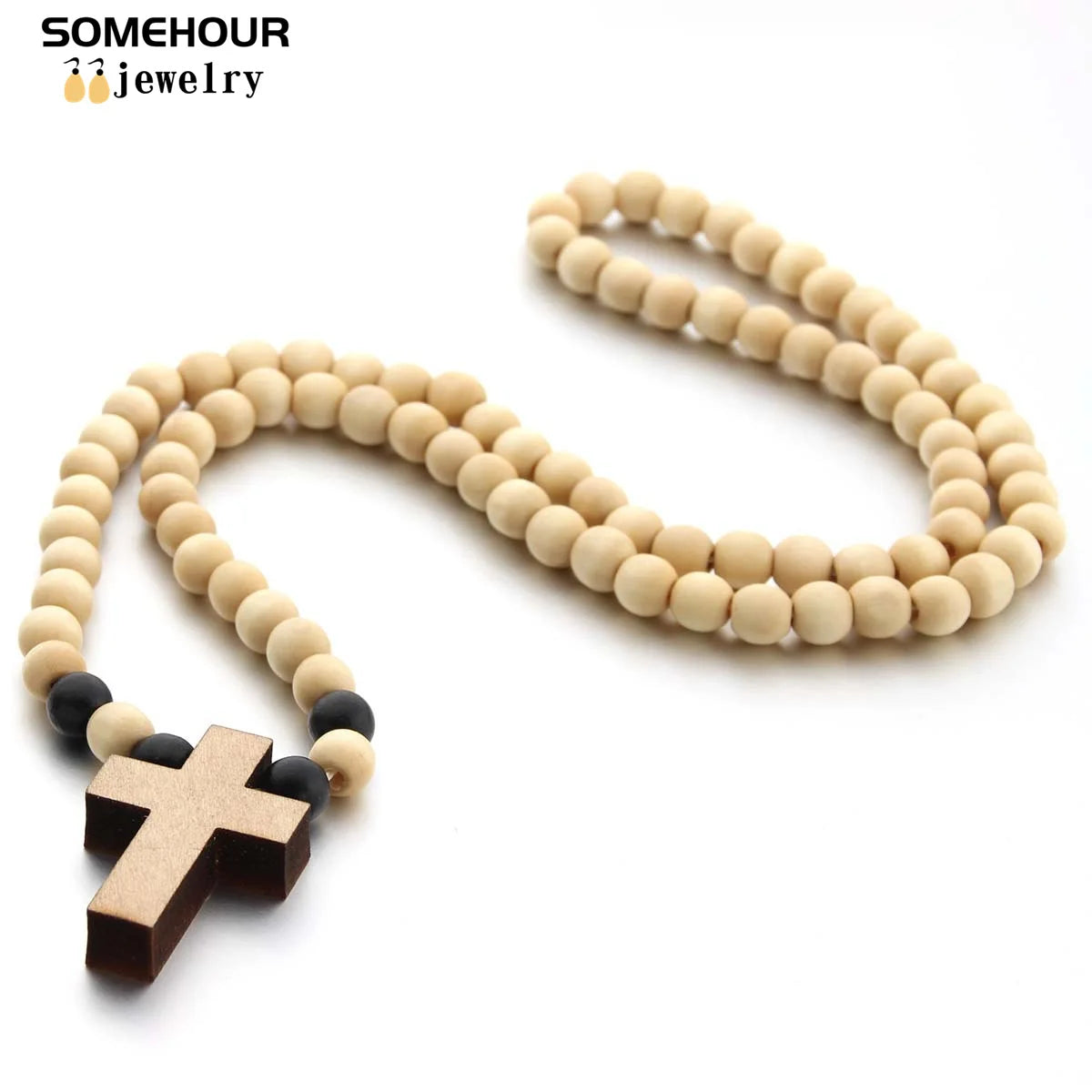 SOMEHOUR Vintage Cross Pendant Necklace Bracelet 45cm Round Wood Beads Chains Rosary Religious Accessories Jewelry For Women Men