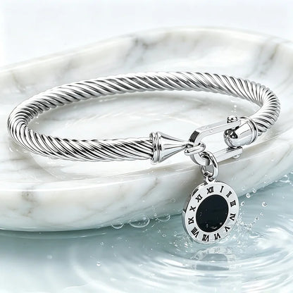 316L Stainless Steel Twisted Cable Bangle Roman Numeral Pendant Round Charm Bracelet Waterproof Hypoallergenic Fade Resistant Women Jewelry