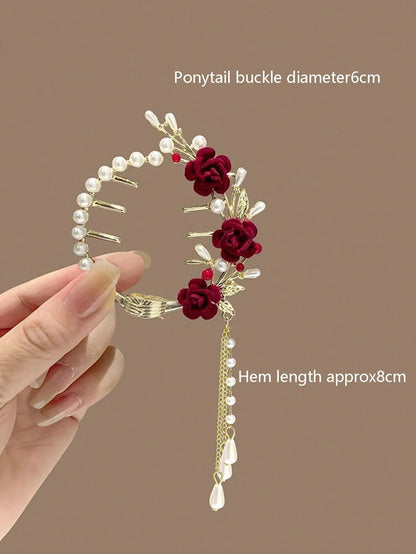 1pc Teen' Bun Holder Clip With Flower Tassel Decor, Perfect For Parties And Daily Wear In Summer
