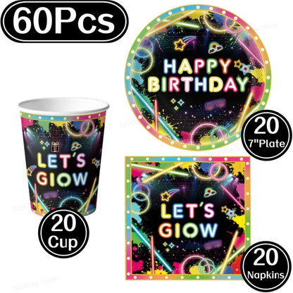 Neon Birthday Party Supplies Disposable Tableware Plates Cups Napkins Tablecloth Kids Blacklight Glow Theme Birthday Decorations