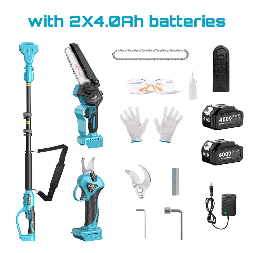 Seesii 3-in-1 Brushless Telescoping Pole High Branch Scissors Electric Chainsaw Garden Pruning Tools For Makita 18V Battery Pin