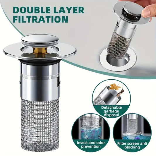 Bathroom Sink Drain Stopper, Pop Up Drain Filter with Removable Filter Basket Hair Catcher