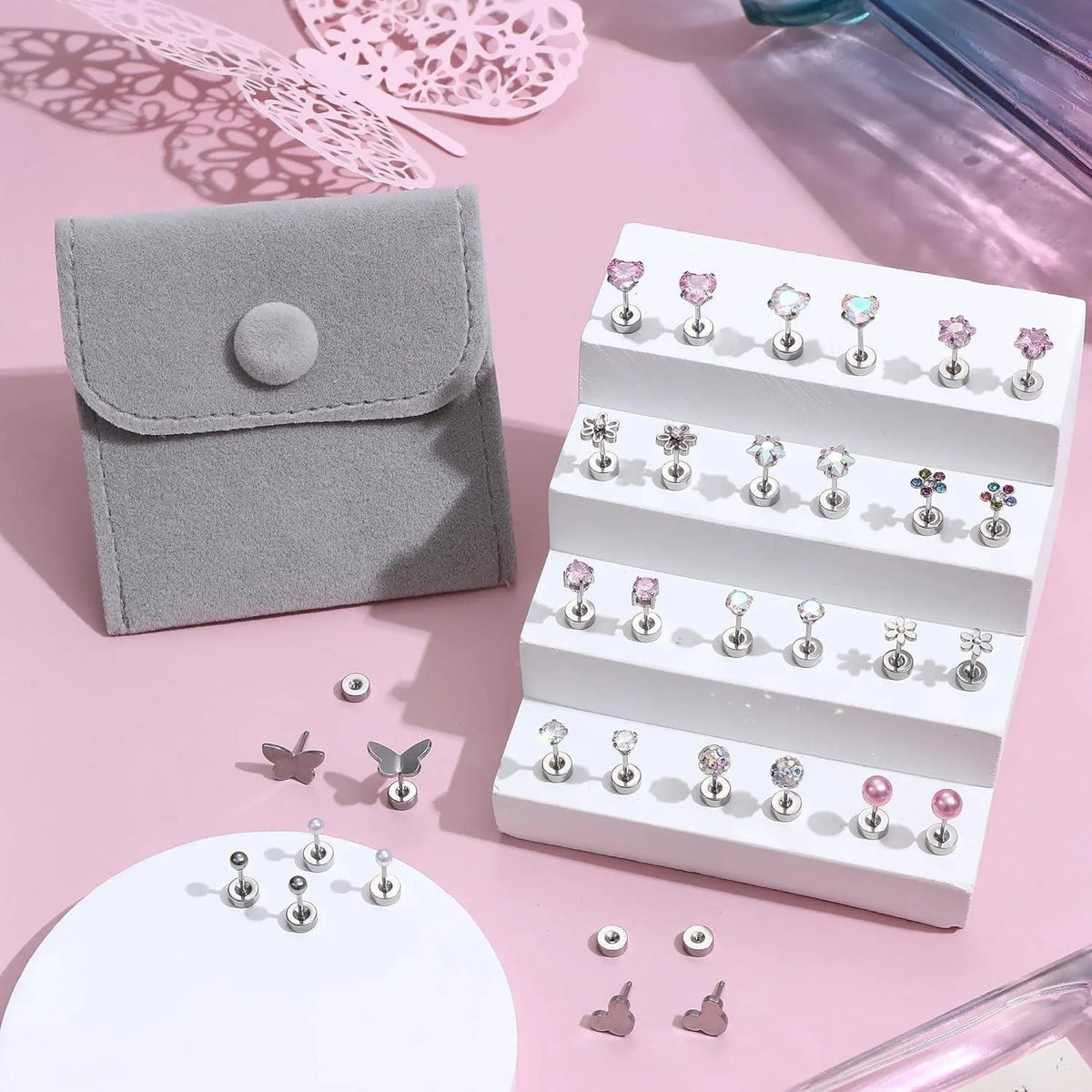 16Pairs 316L Stainless Steel Earrings for Women Hypoallergenic Screw Back CZ Pearl Heart Flower Ctue Stud Earrings Jewelry Gift