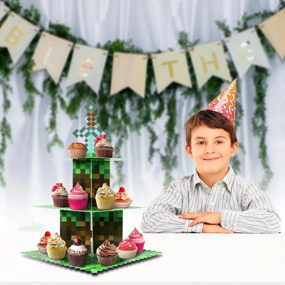 Cupcake Stands for Pixel Game Birthday Party Decorations Game Party Favors Supplies, Cardboard Cupcake Holder with Toppers Table