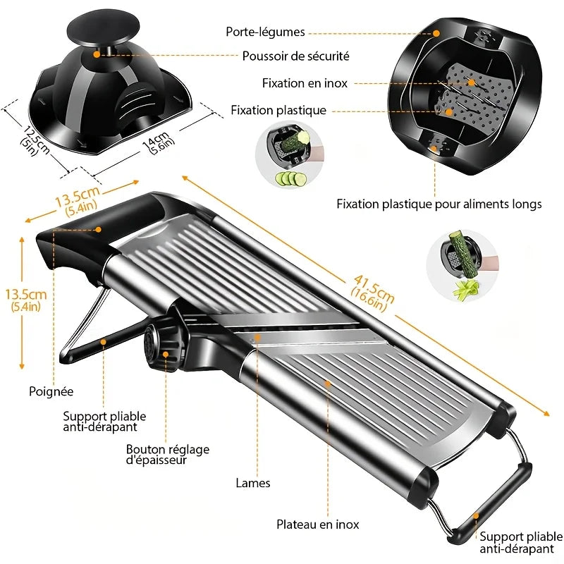 Stainless Steel Mandoline Slicer with 5 Blades & Holder - Safe Hand Guard Food Chopper for Vegetable Fruit, Easy Clean