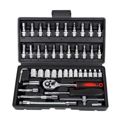46Pcs CR-V Steel Socket Wrench Set, Durable Ratchet Tool Kit with Storage Bag & Extension Bar for Car and Home Repair