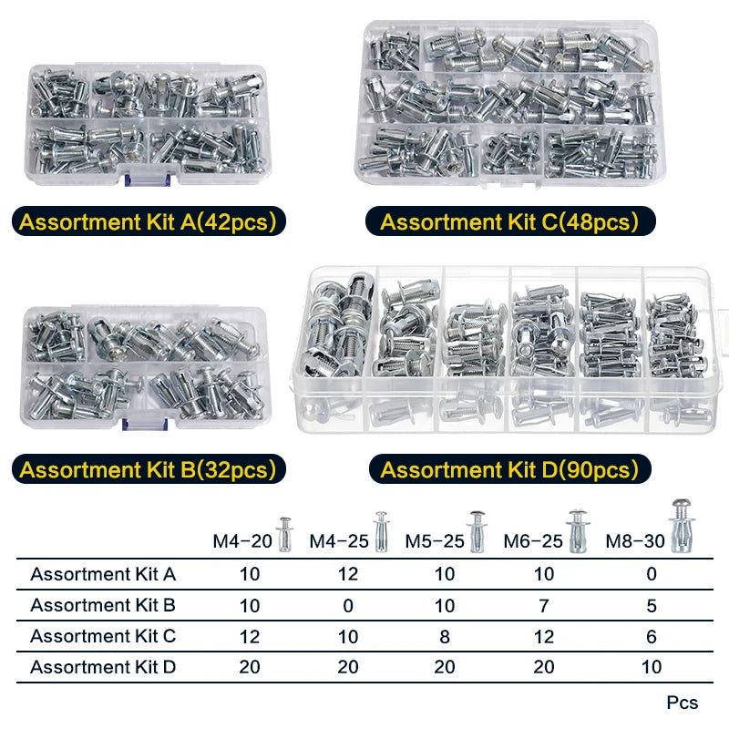 32-90PCS Jack Nuts Petal Nuts, Expansion Screw Petal Nut, Thins Fixings Dowels with Screws for Tin, Billboard, Cardboard.