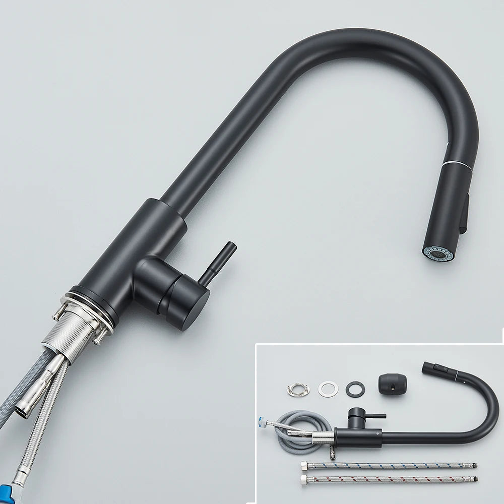 Black Kitchen Faucet Two Function Single Handle Pull Out Mixer  Hot and Cold Water Taps Deck Mounted