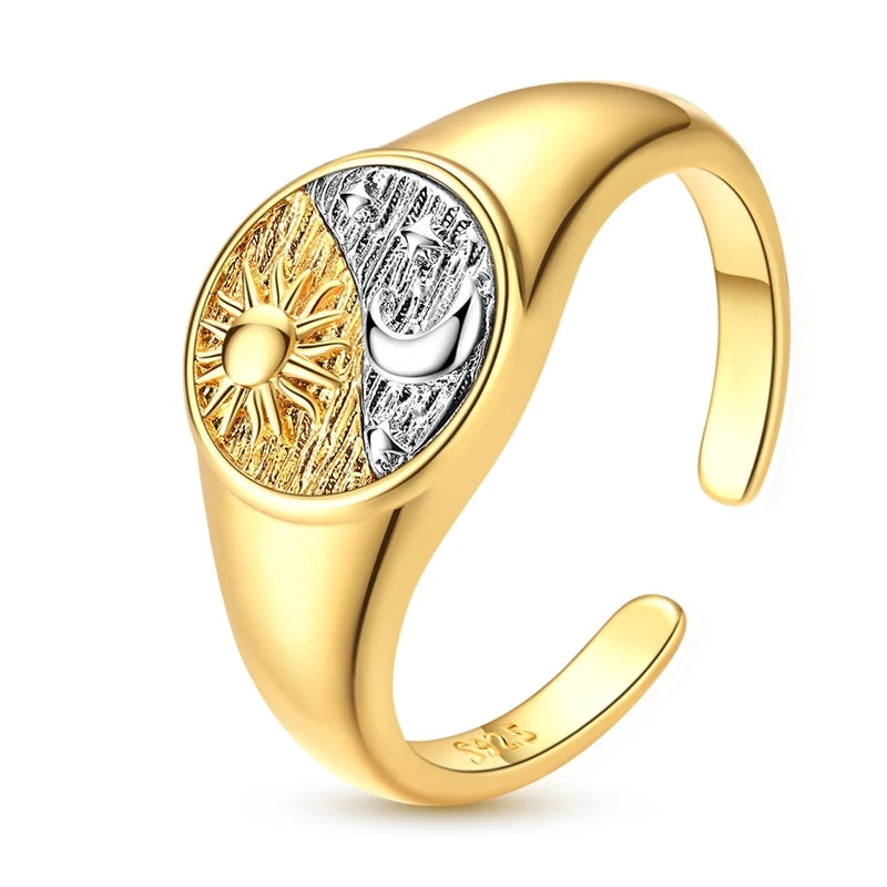MULA 925 Sterling Silver Rings Retro Sun Moon Stars Adjustable Open Ring For Women Man Wedding Band Party Fashion Jewelry Gift