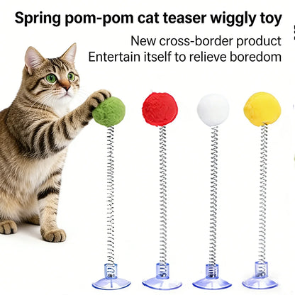1 Pc Cat Fur Ball Spring Toy Suction Cup Pet Interactive Toy Fun-colored Cat Teaser Stick