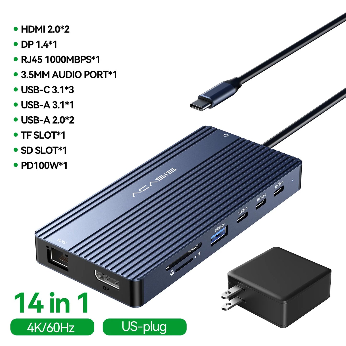 Acasis 14 in 1 USB-C Docking Station Triple Display 4K60Hz HDMI DP PD100W 10Gbps Hub for MacBook Laptop Workstation Setup