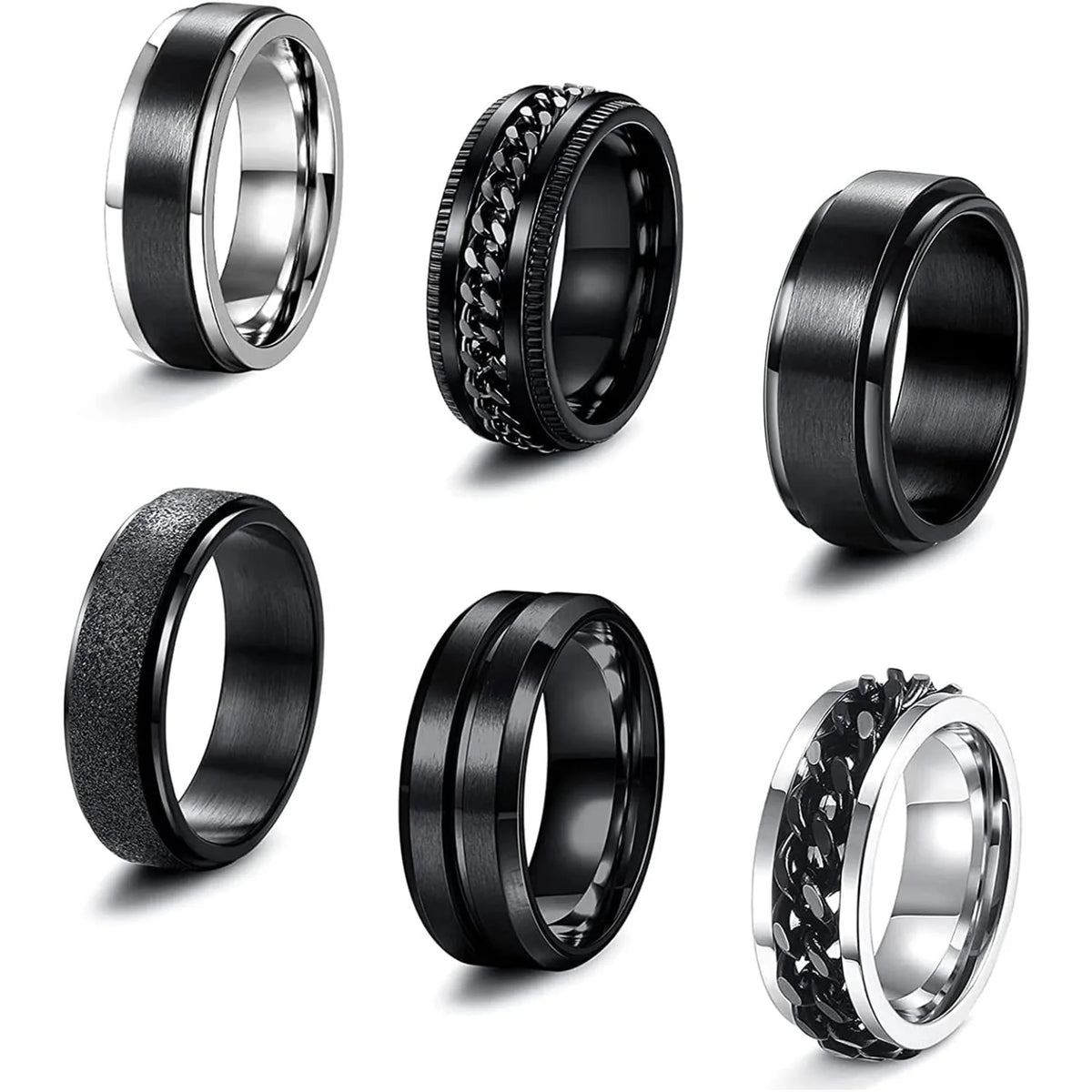 Bobisty 6Pcs Black Spinner Rings for Men Women Stainless Steel Fidget Anxiety Stress Relieving Ring Set Wedding Rings Size7-13