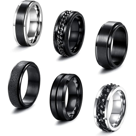Bobisty 6Pcs Black Spinner Rings for Men Women Stainless Steel Fidget Anxiety Stress Relieving Ring Set Wedding Rings Size7-13