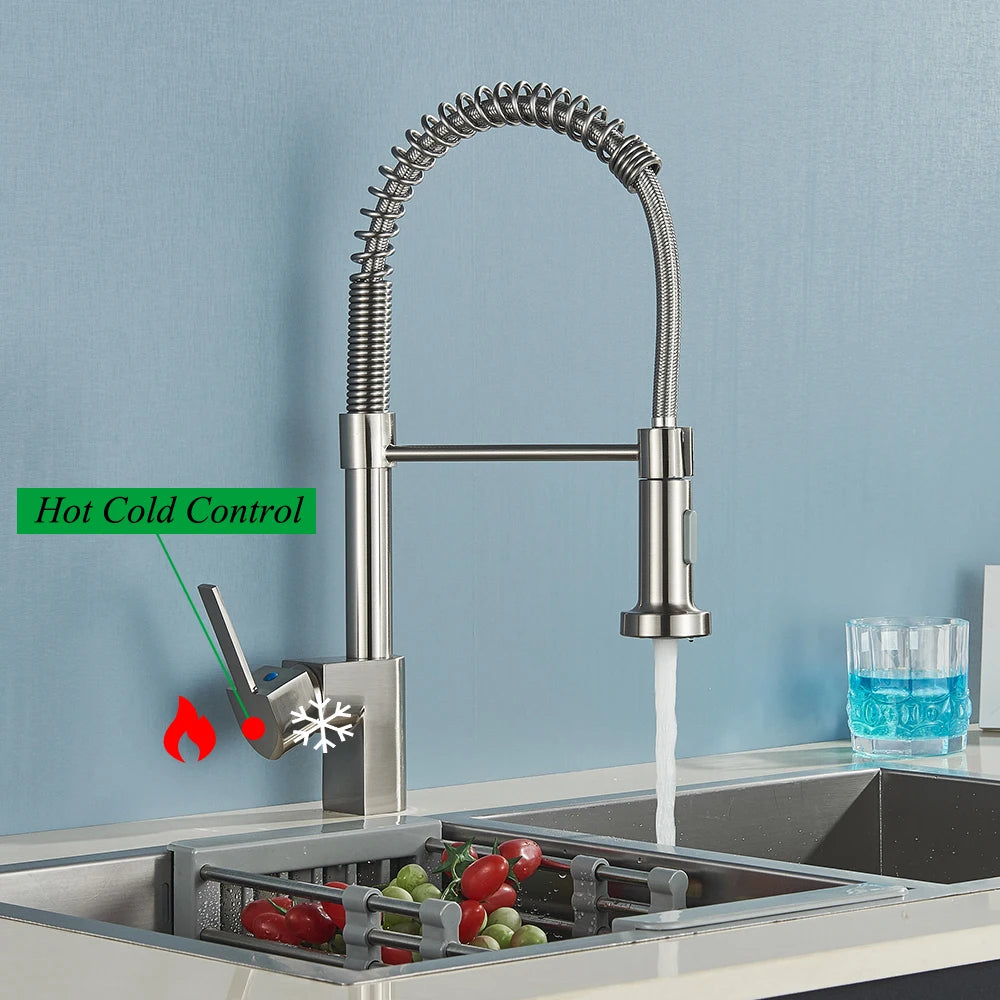Brushed Nickel Kitchen Faucet Sink Faucet One Handle Spring Hot and Cold Water Tap Deck Mounted  Stream Sprayer Stainless Steel