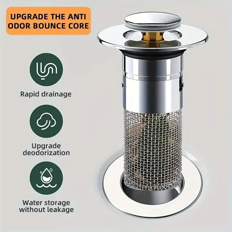 Bathroom Sink Drain Stopper, Pop Up Drain Filter with Removable Filter Basket Hair Catcher
