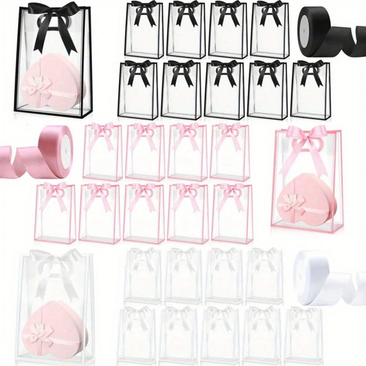10 Pcs Gift Bags, 1 Roll of Ribbon, Reusable PP Holiday Bag with Ribbon, Suitable for Valentine's Day, Weddings, and Birthdays