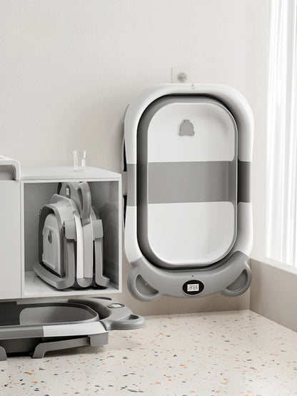 Portable Travel Bathtub, Collapsible Baby Bathtub, with Thermometer &1Soft Floating Cushion, with Drain Hole,For Baby 0-36 Month