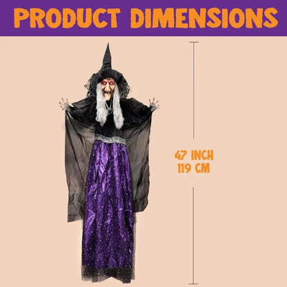47'' Tall Animated Witch Halloween Decorations Outdoor Indoor Scary Halloween Animatronics Decor, Hanging Ghost Talking Sound Activated Led Lights Eyes Haunted House Yard Garden Lawn