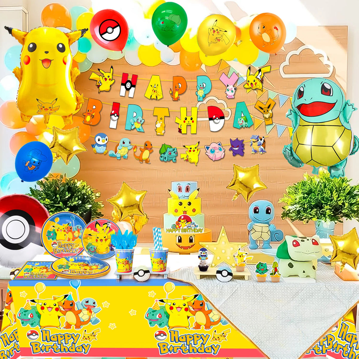 Pikachu Party Decorations,136pcs Pokemon Birthday Party Supplies-Banner Balloons Plates Napkins etc Pokemon Birthday Decorations