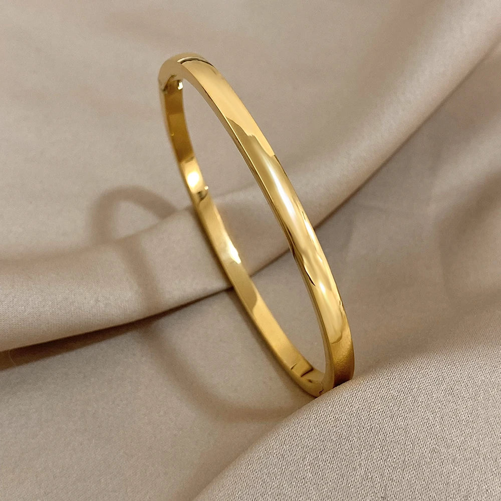 Simple Smooth Stainless Steel Bangles Bracelets for Women Trendy Gold Plated Metal Bracelet Jewelry Accessories Lady Gift